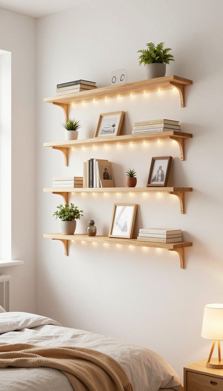 Cozy bedroom with glowing floating shelves decorated with fairy lights and minimal decor