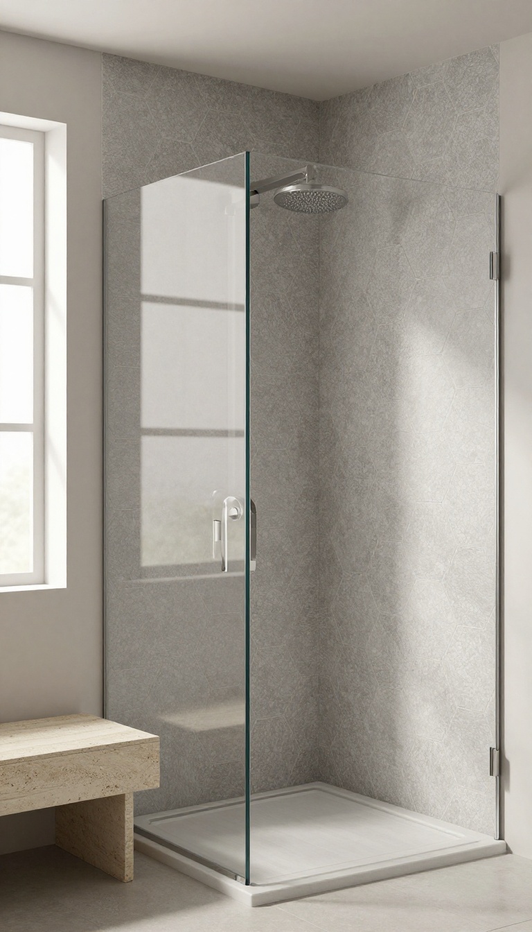 Grey hexagon mosaic tile shower with matte finish, soft natural light, and modern bathroom design