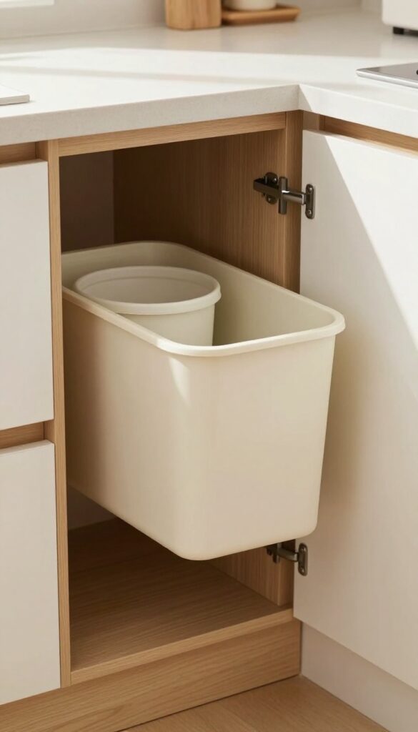 A cream slide-out tilt-out trash bin in a narrow kitchen corner next to a refrigerator, with clean cabinetry and bright natural light.