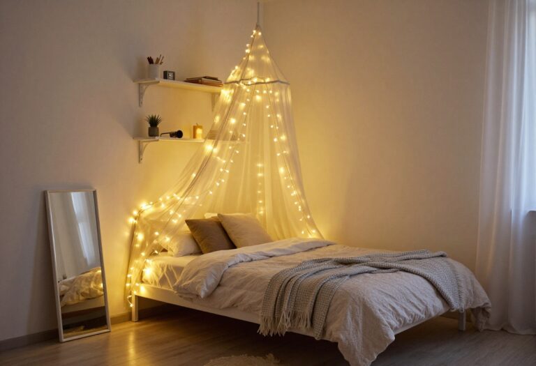 Cozy small bedroom with fairy lights and warm decor