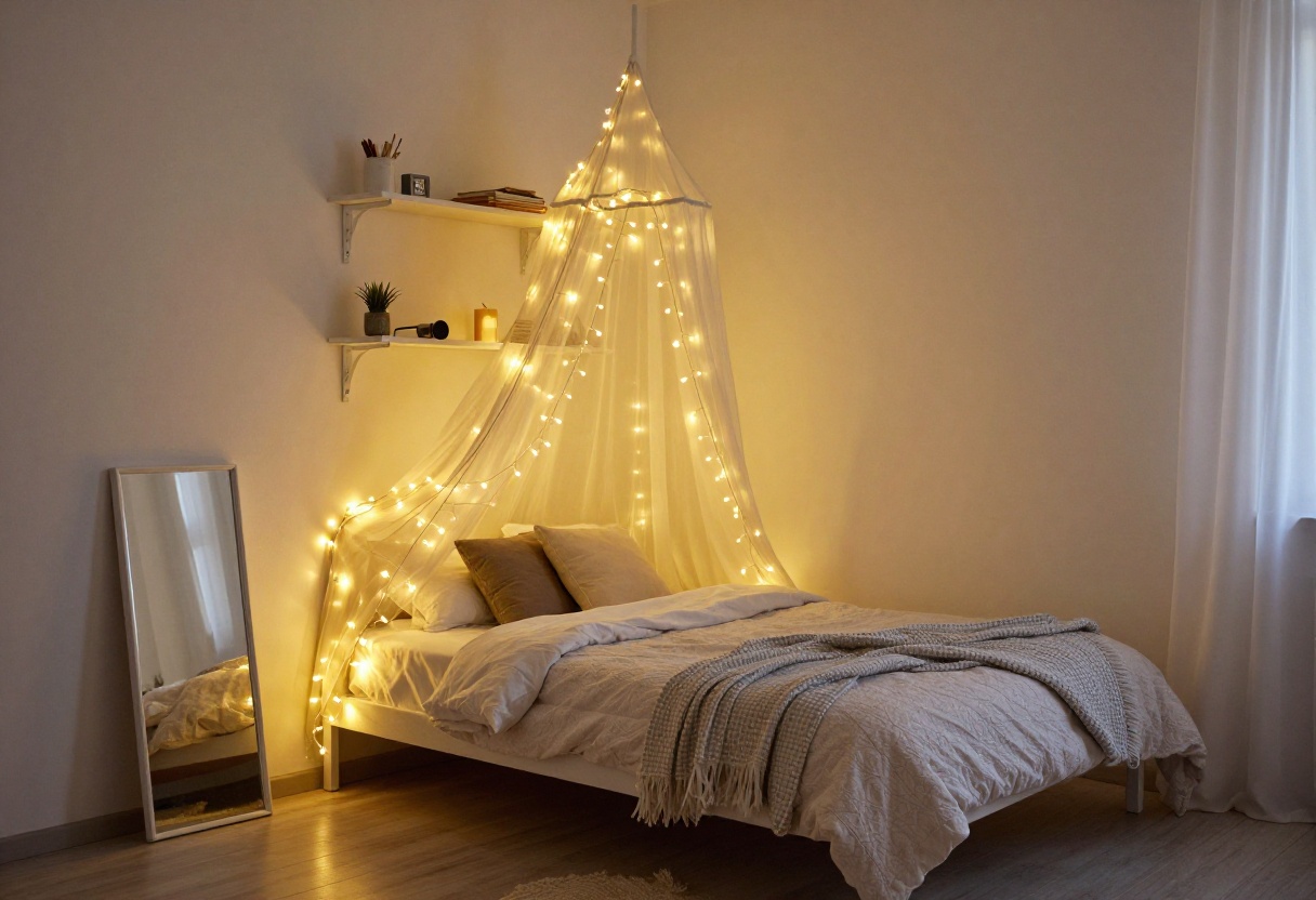 Cozy small bedroom with fairy lights and warm decor