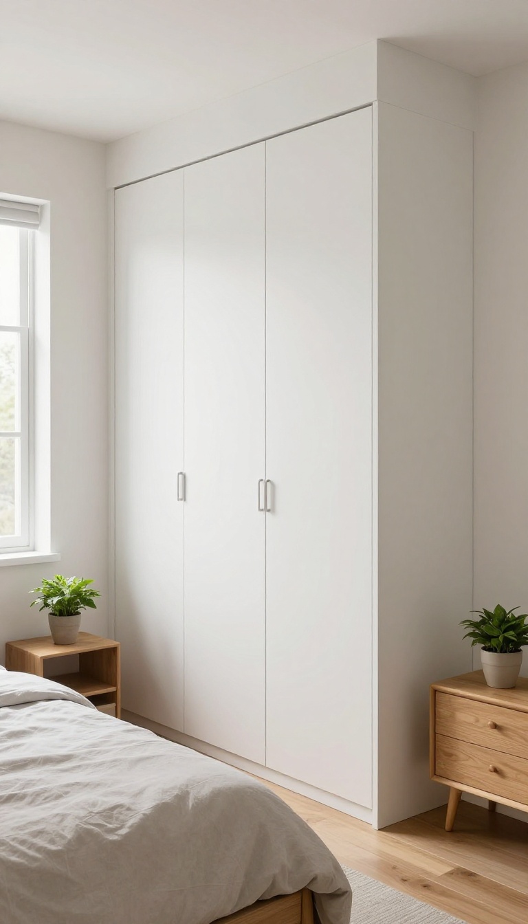 Small bedroom with a custom wardrobe built into a wall niche, featuring sliding doors and a seamless design that maximizes space.