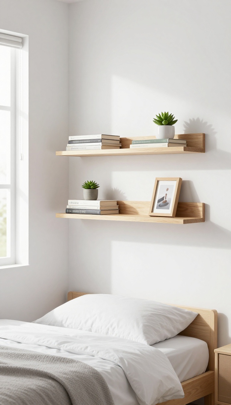 Small bedroom with floating shelves above the bed displaying books, a succulent, and a framed photo