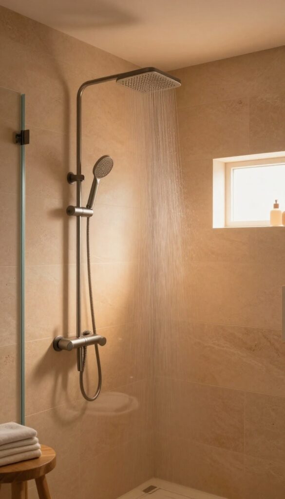 Modern bathroom shower glowing with warm smart bulb light in amber and peach tones, creating a relaxing spa atmosphere.