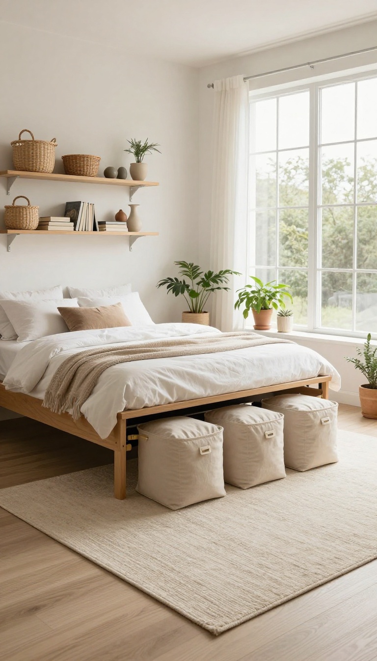 Cozy small bedroom with hidden storage solutions including a lift-up bench and under-bed bins, keeping the space tidy and serene.