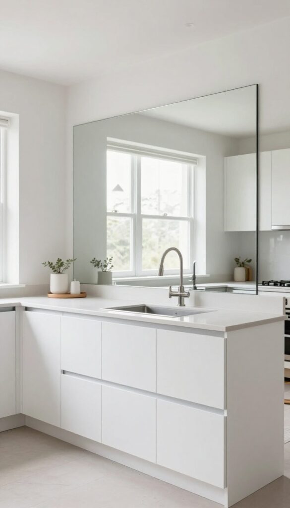 Modern small kitchen with mirrored backsplash and glass cabinet fronts reflecting light to create an open feel