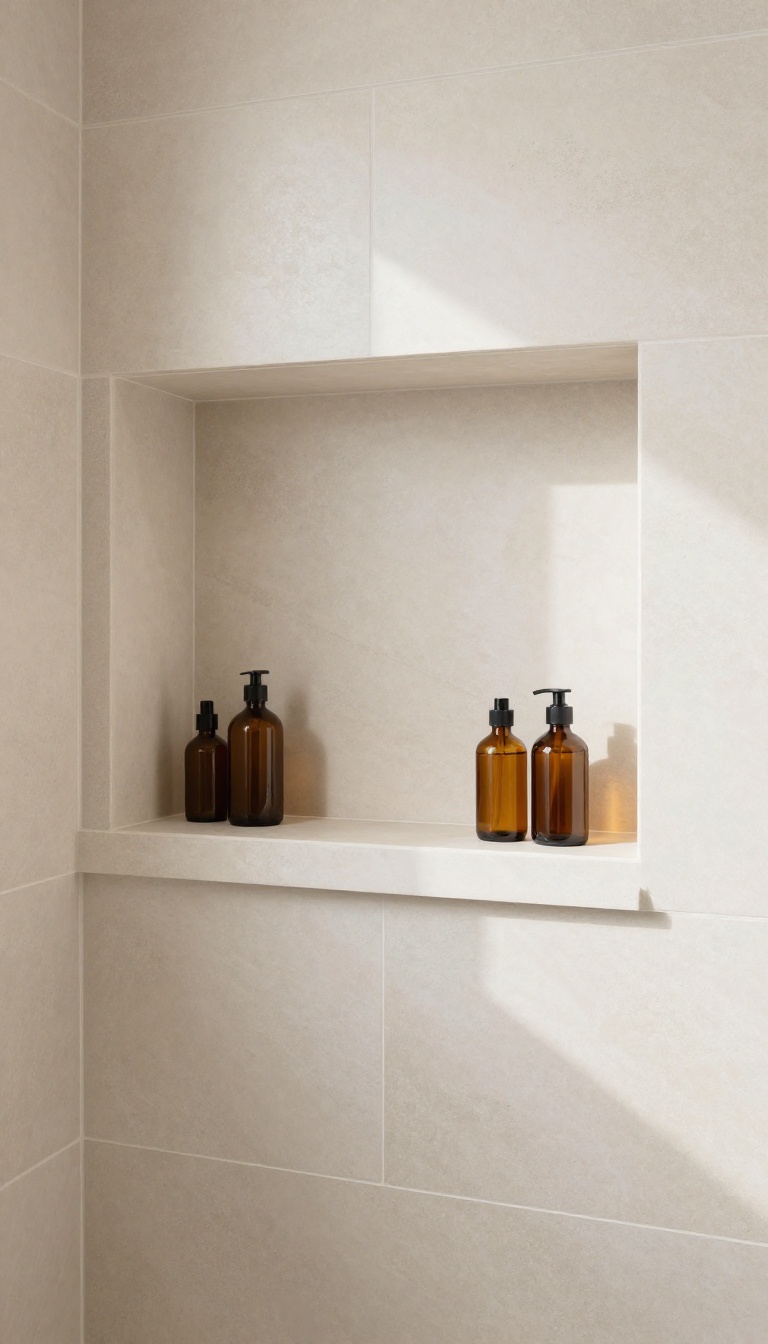 Walk-in shower with recessed niches and shelves tiled in matching natural stone for a seamless look