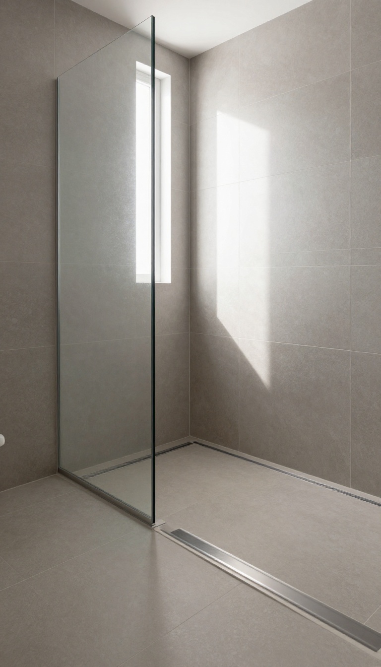 Walk-in tile shower with linear drain and seamless large-format tile pattern in a bright, modern bathroom.