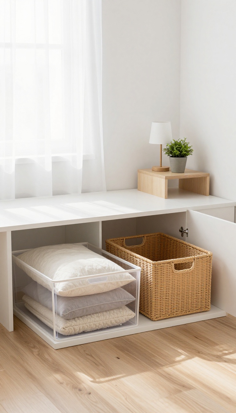 Small guest bedroom with under-bed storage bins neatly tucked beneath a low bed, holding extra pillows and blankets.