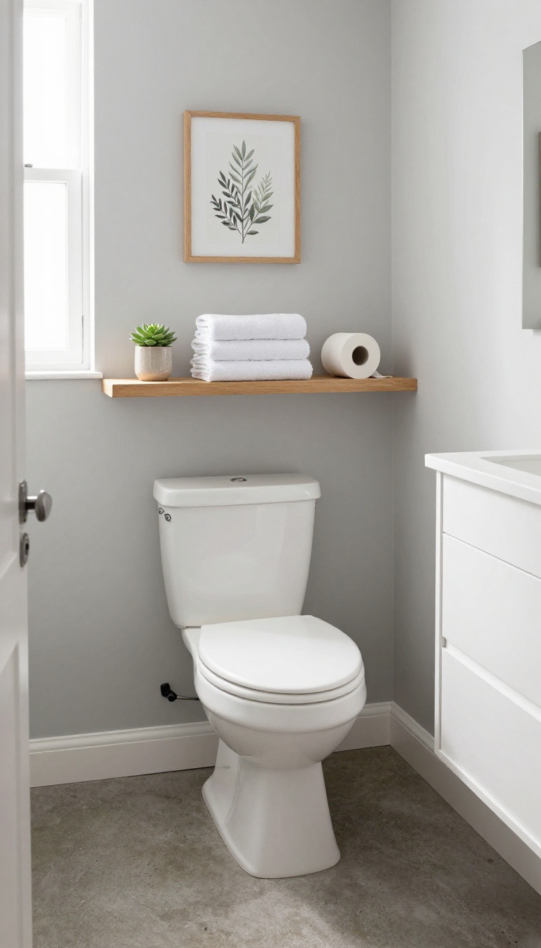Floating shelf above toilet in a bright, minimal guest bathroom with folded towels, a succulent, and extra toilet paper.