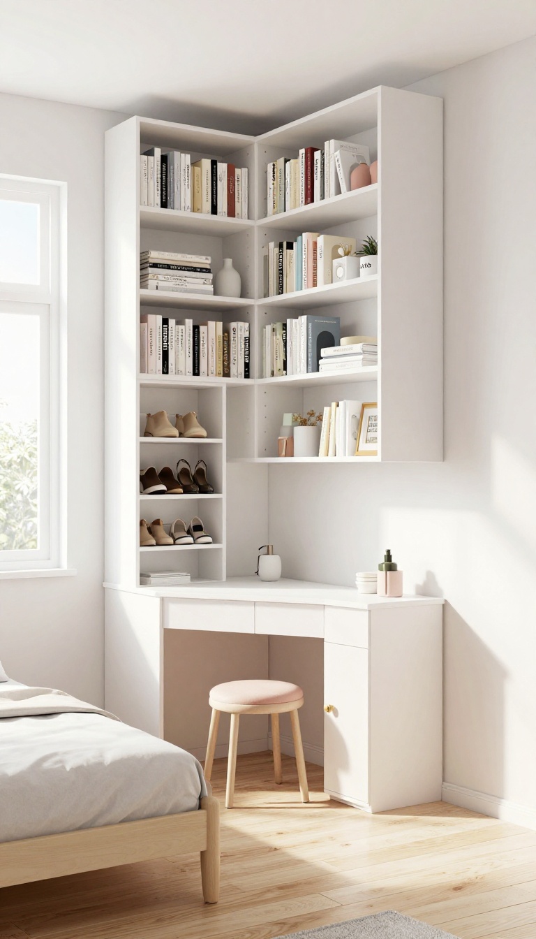 Small box bedroom with tall white shelves, wall-mounted cabinet, and over-door organizer, showcasing vertical storage solutions.