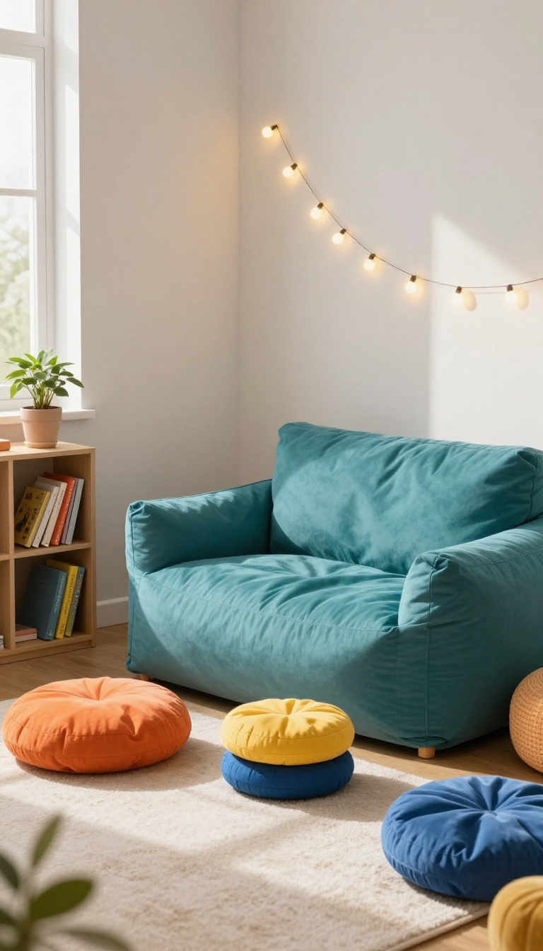 Cozy reading nook in a boy's bedroom with a bean bag chair and colorful floor cushions near a bookshelf and fairy lights