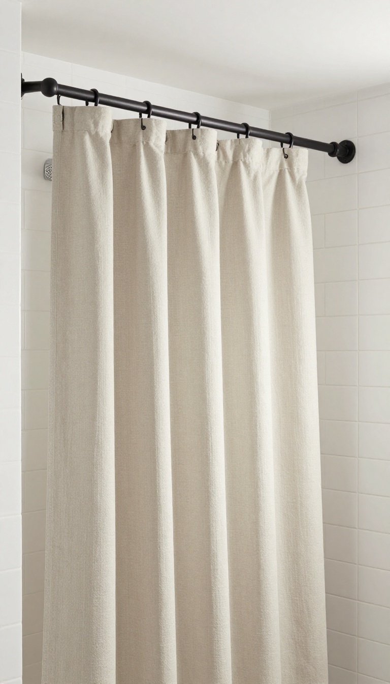 Industrial pipe ceiling shower curtain rod in a bright modern bathroom