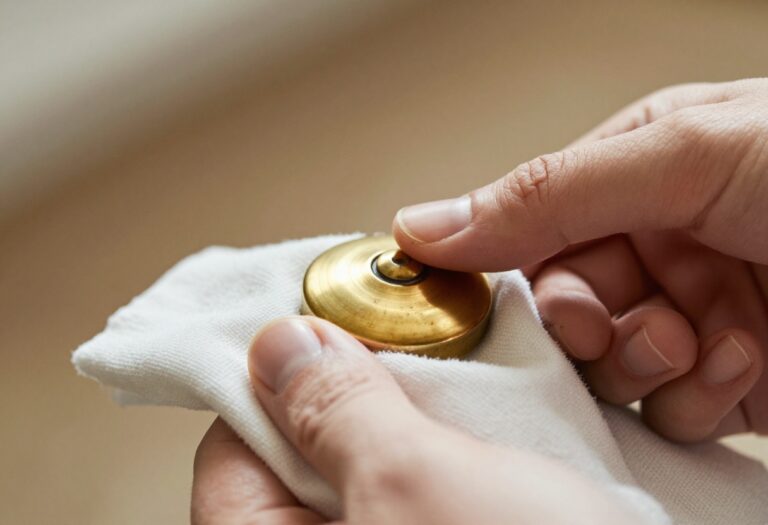 Hand polishing a brass doorknob with a soft cloth, revealing a shiny surface