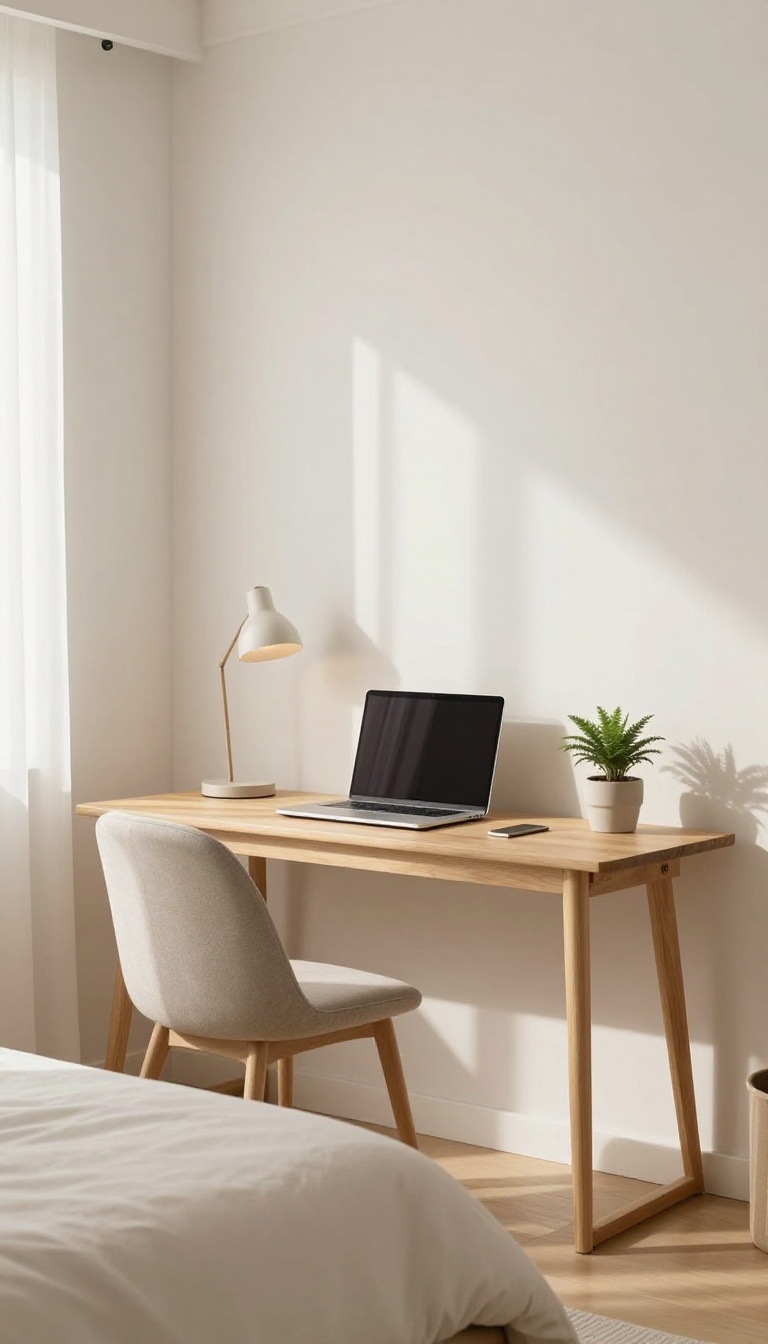 Guest bedroom with a small desk workspace near a window, featuring a laptop, lamp, and chair, in bright natural light.