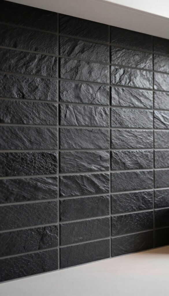 Close-up of a matte black textured tile backsplash in a moody kitchen with warm lighting