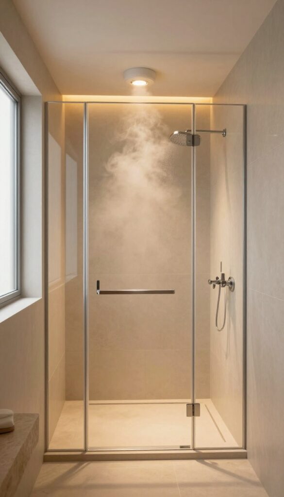 Modern shower with recessed amber lens lights creating a warm, relaxing glow