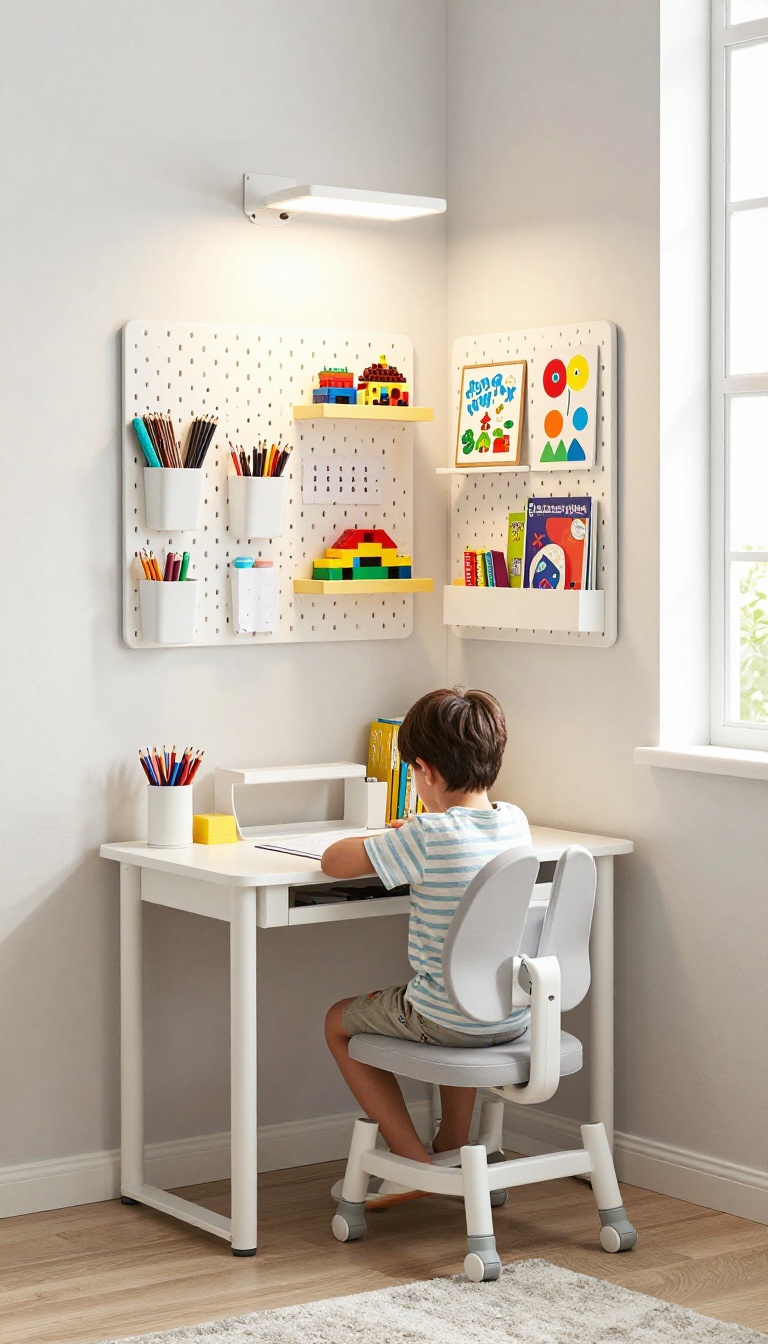 Small boy's bedroom corner desk with wall organizers and supplies