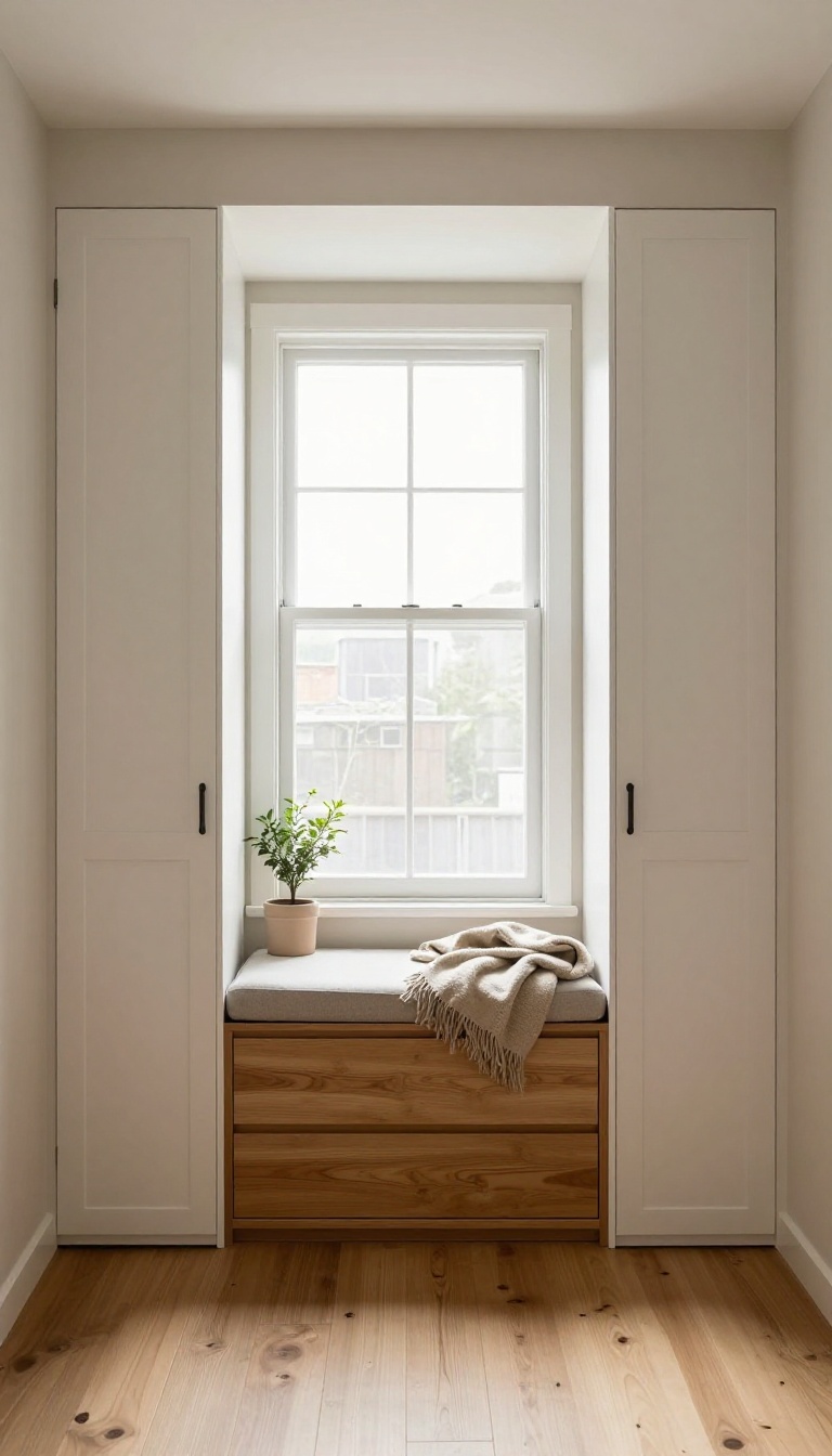 Built-in wardrobes flanking a window with a window seat in a bright, organized bedroom