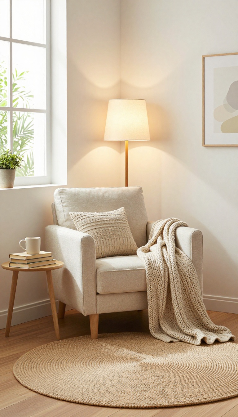 Cozy reading nook in a small bedroom corner with armchair, lamp, side table, and soft textiles