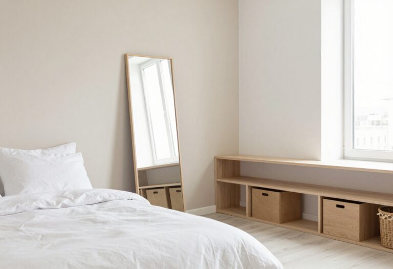 Small bedroom with light colors, mirror, and smart storage ideas