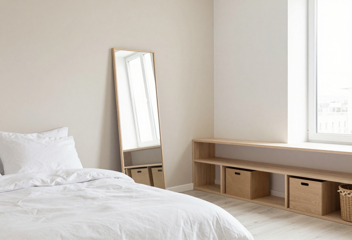 Small bedroom with light colors, mirror, and smart storage ideas