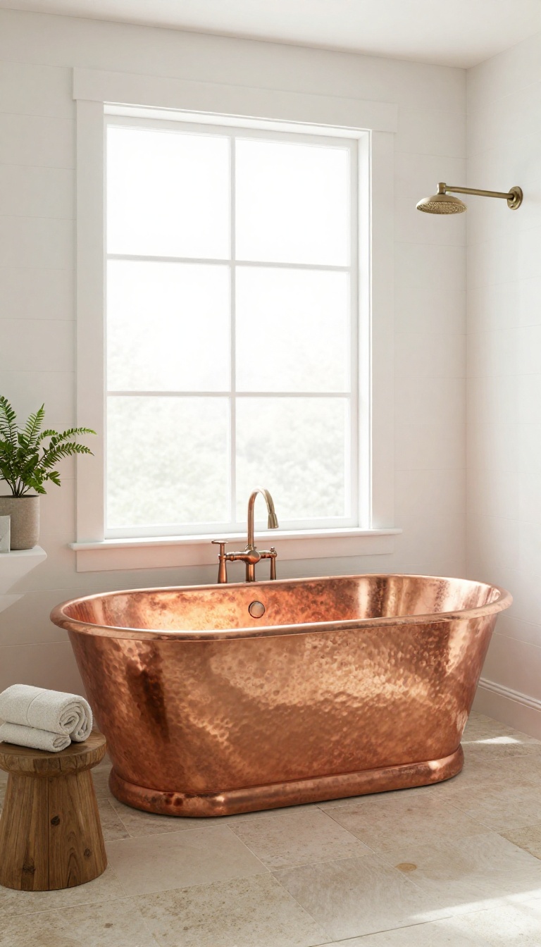 Freestanding copper tub in a farmhouse bathroom with rustic charm and natural light