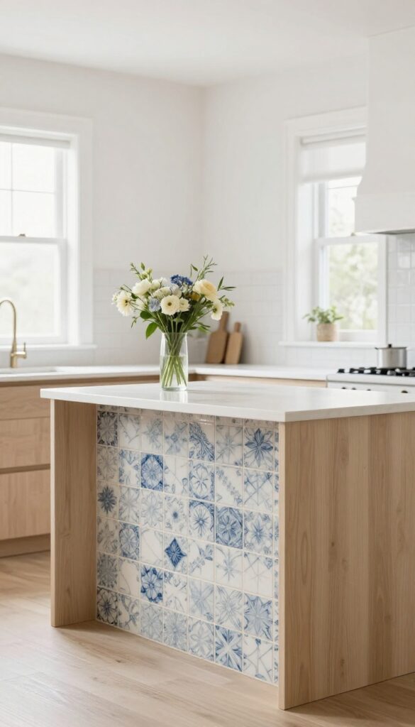 Kitchen island with decorative tile backsplash in a bright, modern kitchen