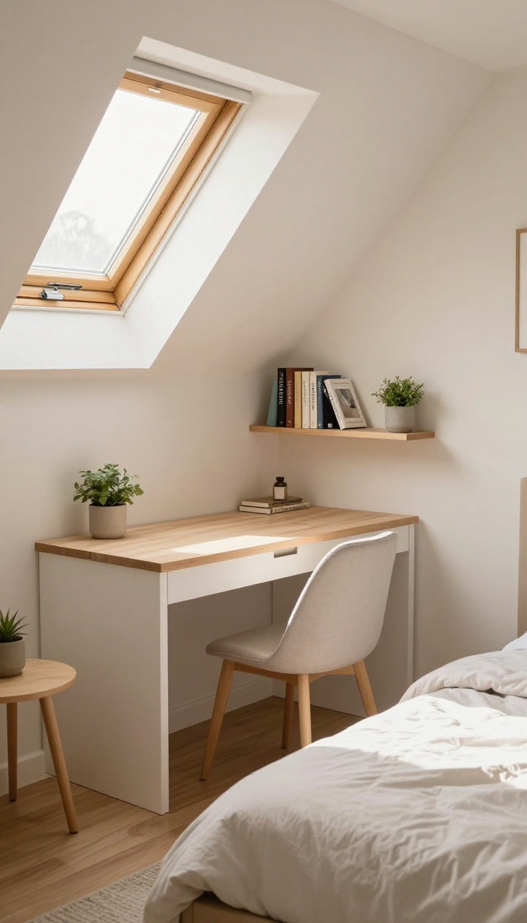 Built-in desk nook under sloped ceiling in a guest bedroom home office combo