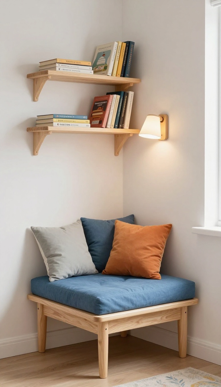Wall-mounted reading nook in a small boy's bedroom with a cushion, pillows, lamp, and books.