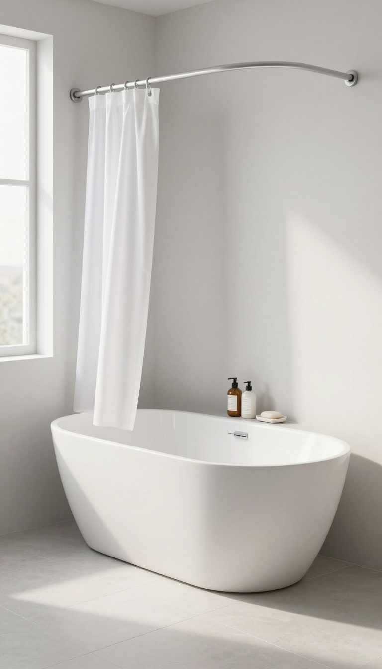 Bathtub with shower curtain and built-in tiled ledge for toiletries in a bright family bathroom
