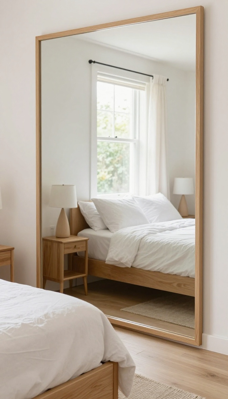 Large mirror in a small guest bedroom reflecting light to create a sense of space