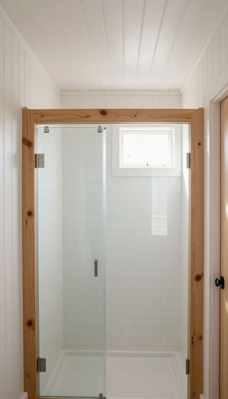 Cozy cottage bathroom with beadboard ceiling and shower