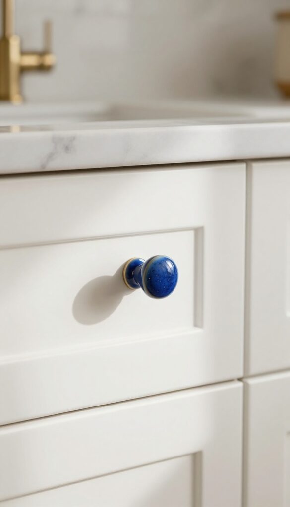 White kitchen cabinet with a handmade ceramic knob in speckled blue glaze, showcasing a handcrafted look.