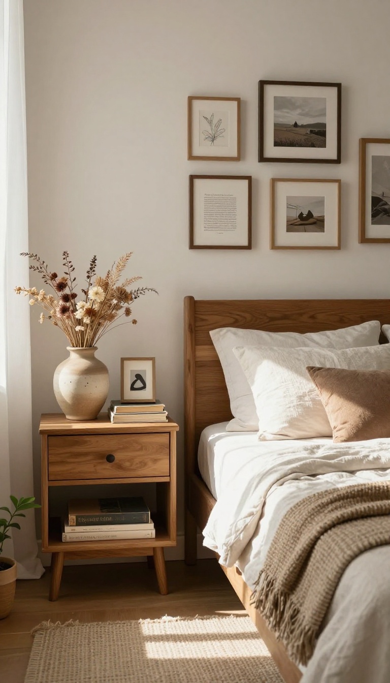 Small bedroom with curated art and accessories, including a gallery wall and styled nightstand vignette in boutique style.