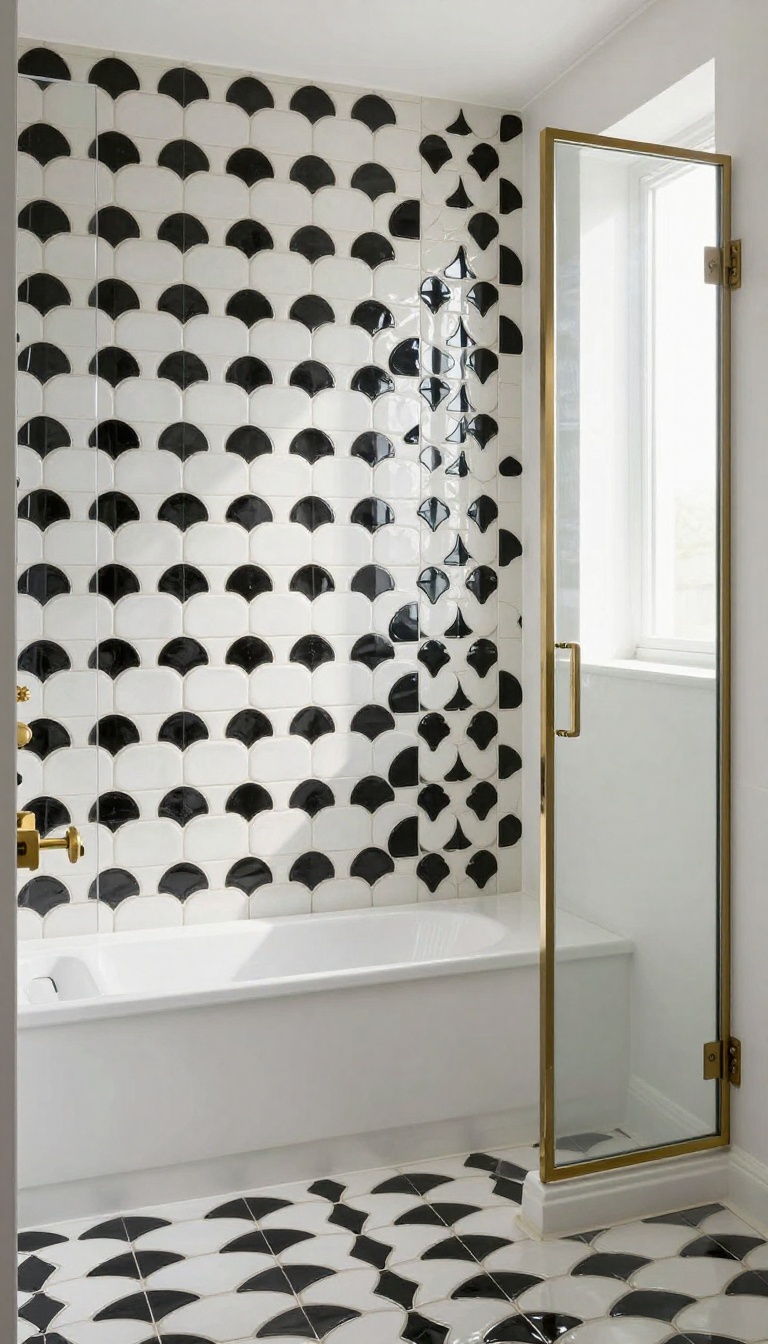 Black and white fish scale tile accent wall in a modern bathroom with a shower bench and brass fixtures.