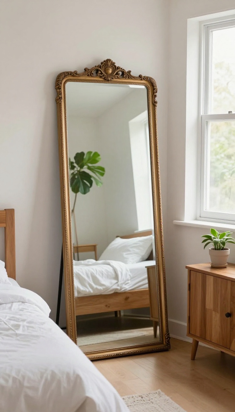 A large mirror leaning against the wall in a small bedroom, reflecting natural light and greenery to make the space feel larger.