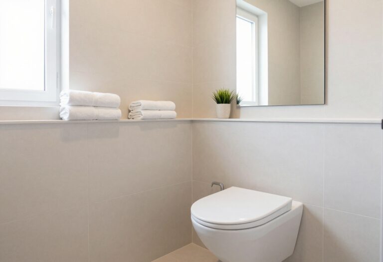 Small guest bathroom with wall-mounted toilet, floating shelf, and backlit mirror