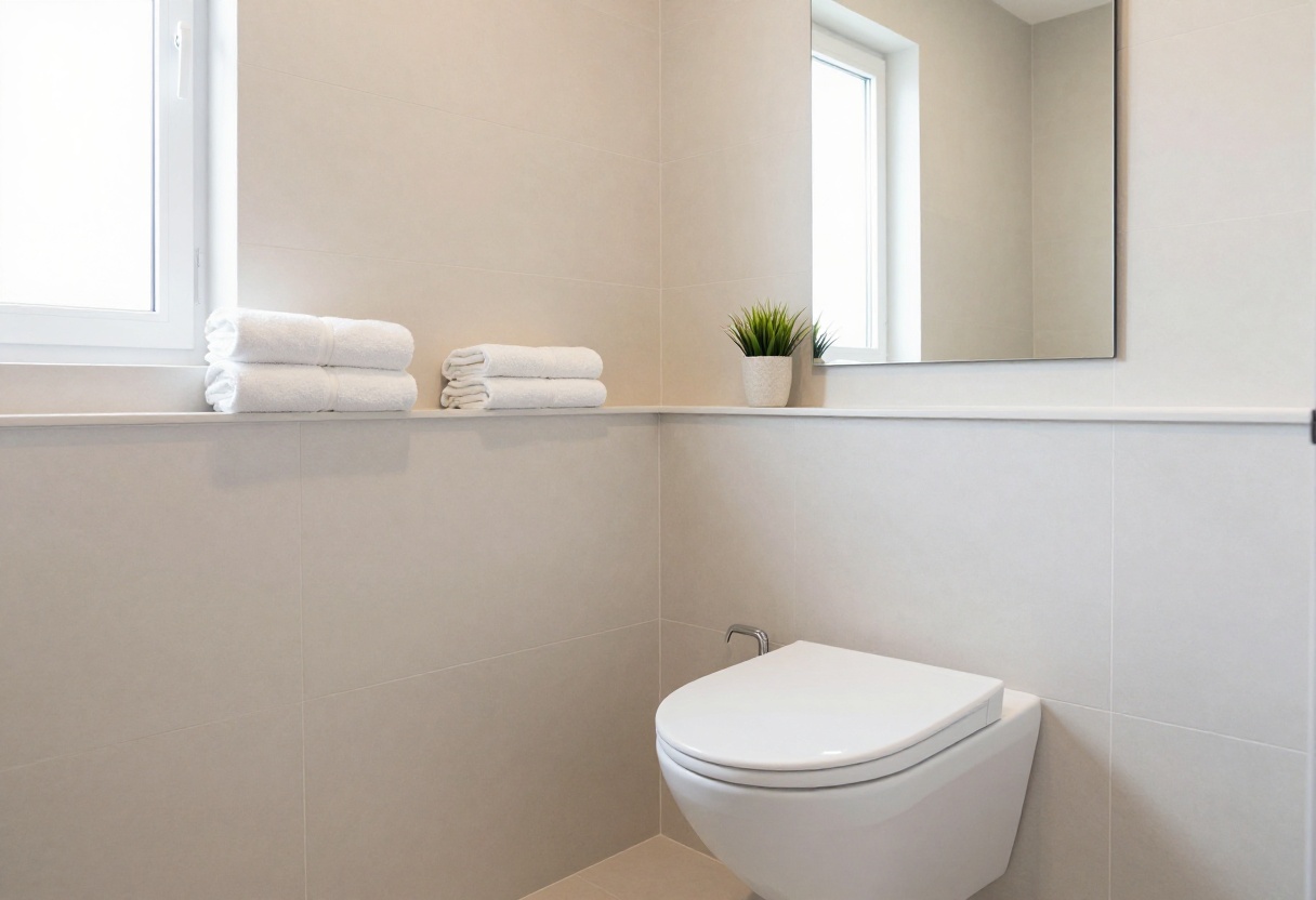 Small guest bathroom with wall-mounted toilet, floating shelf, and backlit mirror