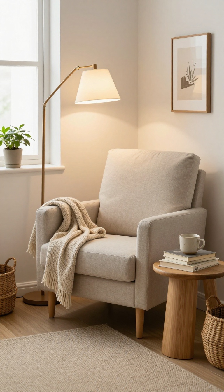 A cozy reading nook in a small bedroom corner with a comfortable armchair, warm lighting, and personal touches.