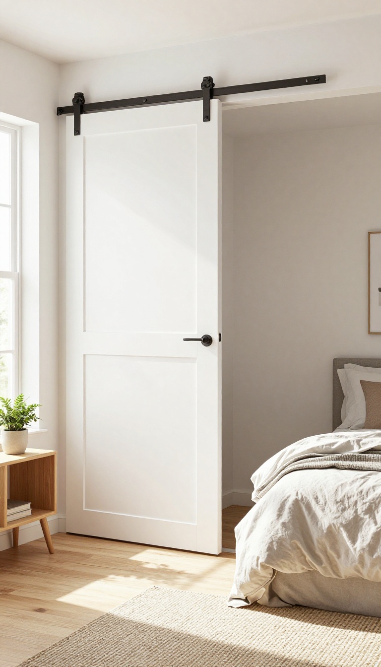 Small bedroom with a sliding barn door saving space