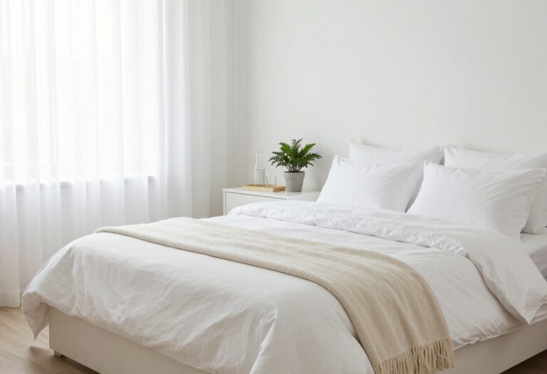 Cozy guest bedroom with layered bedding, a nightstand tray, and a plant, bathed in natural light