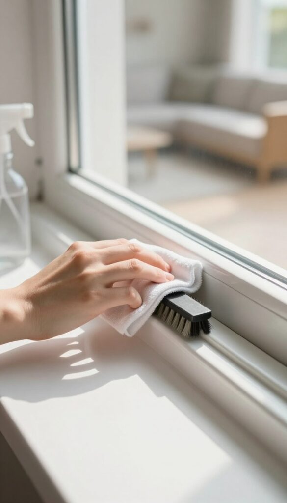 Hand wiping a clean window track with a microfiber cloth, with cleaning tools nearby, in bright natural light.