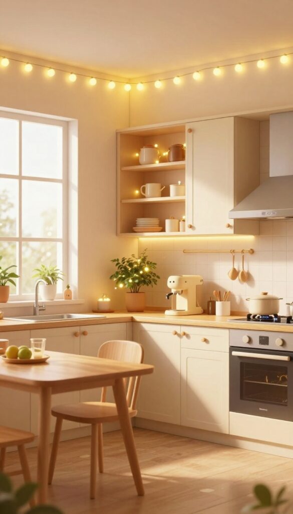 Cozy virtual kitchen with string lights draped over ceiling and window, warm glow, pastel cabinets, breakfast nook, and coffee station.