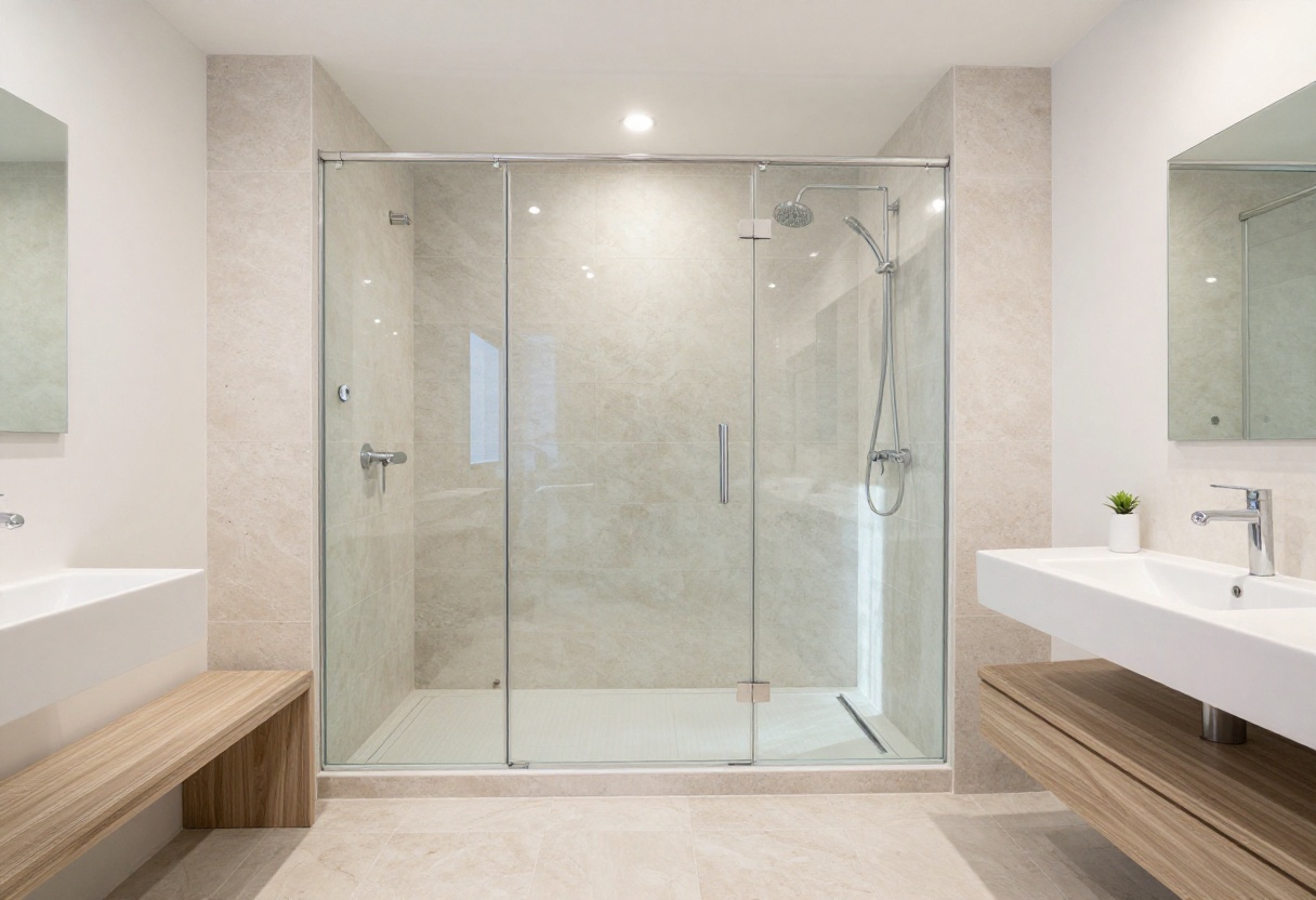 Modern curbless walking shower with glass enclosure and bench
