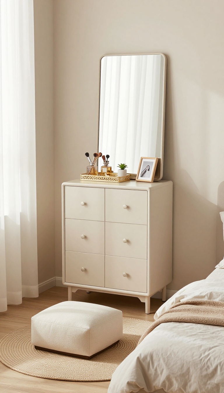 Mirrored jewelry armoire used as a vanity in a small bedroom, reflecting light and maximizing storage.