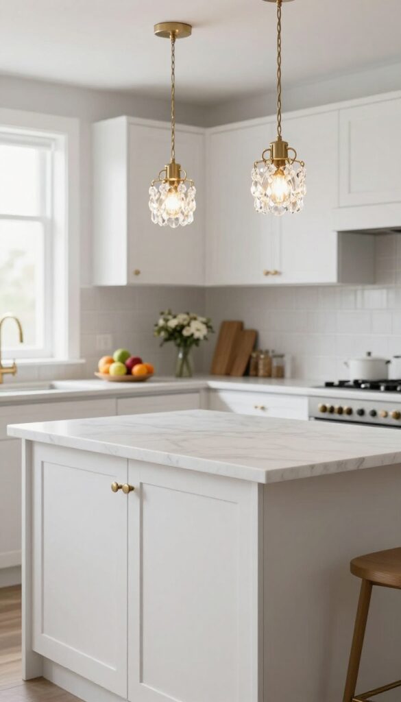 Two elegant mini chandeliers hanging above a kitchen island with marble countertop and white cabinets