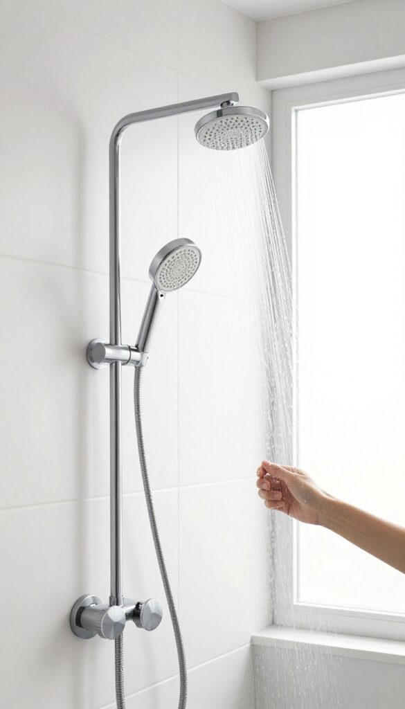 Handheld showerhead with slide bar in a compact bathroom shower stall