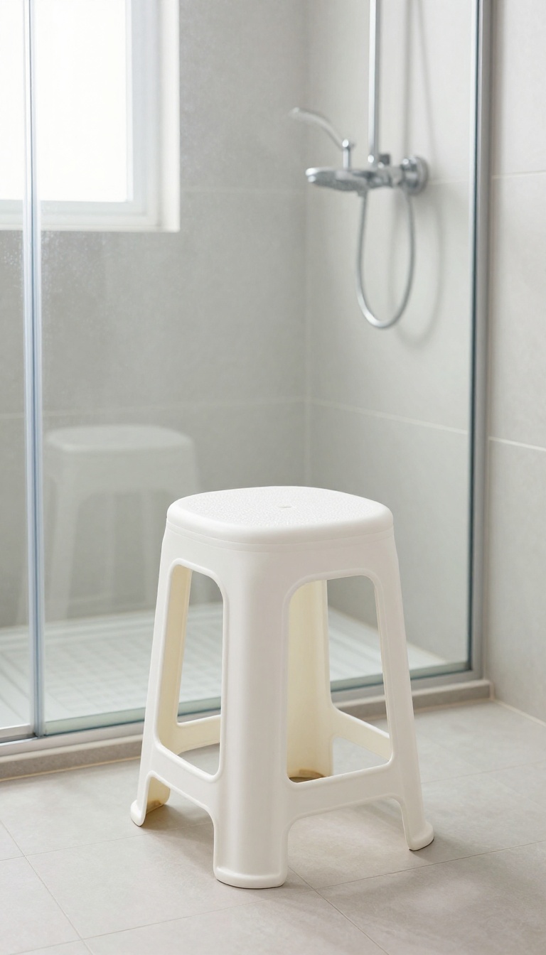 Lightweight molded plastic shower stool in a bright, modern bathroom shower