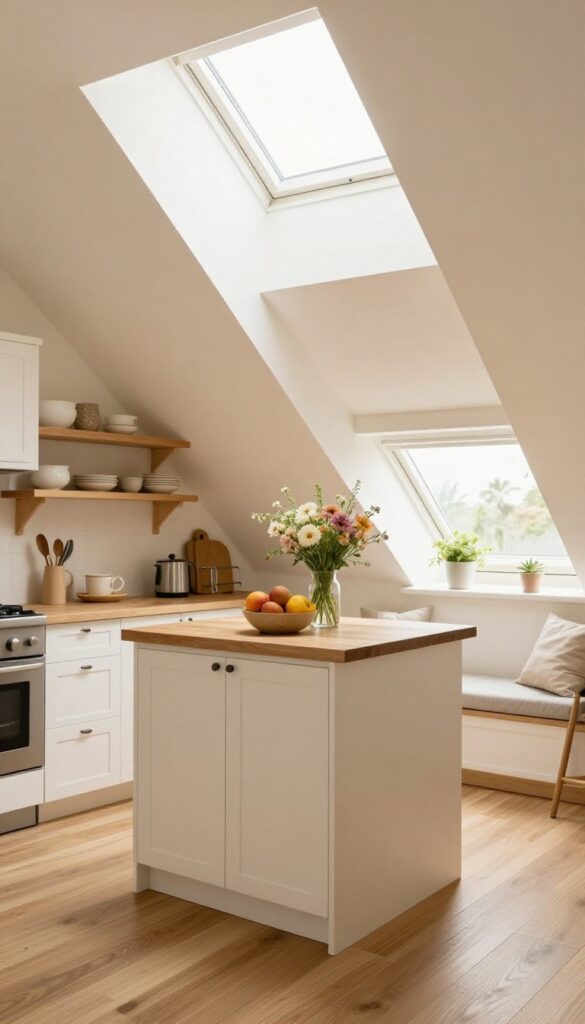 Bright attic kitchen with skylight, natural light, and cozy decor